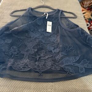 Anthropologie Dusty Blue Sheer Embroidered Tank